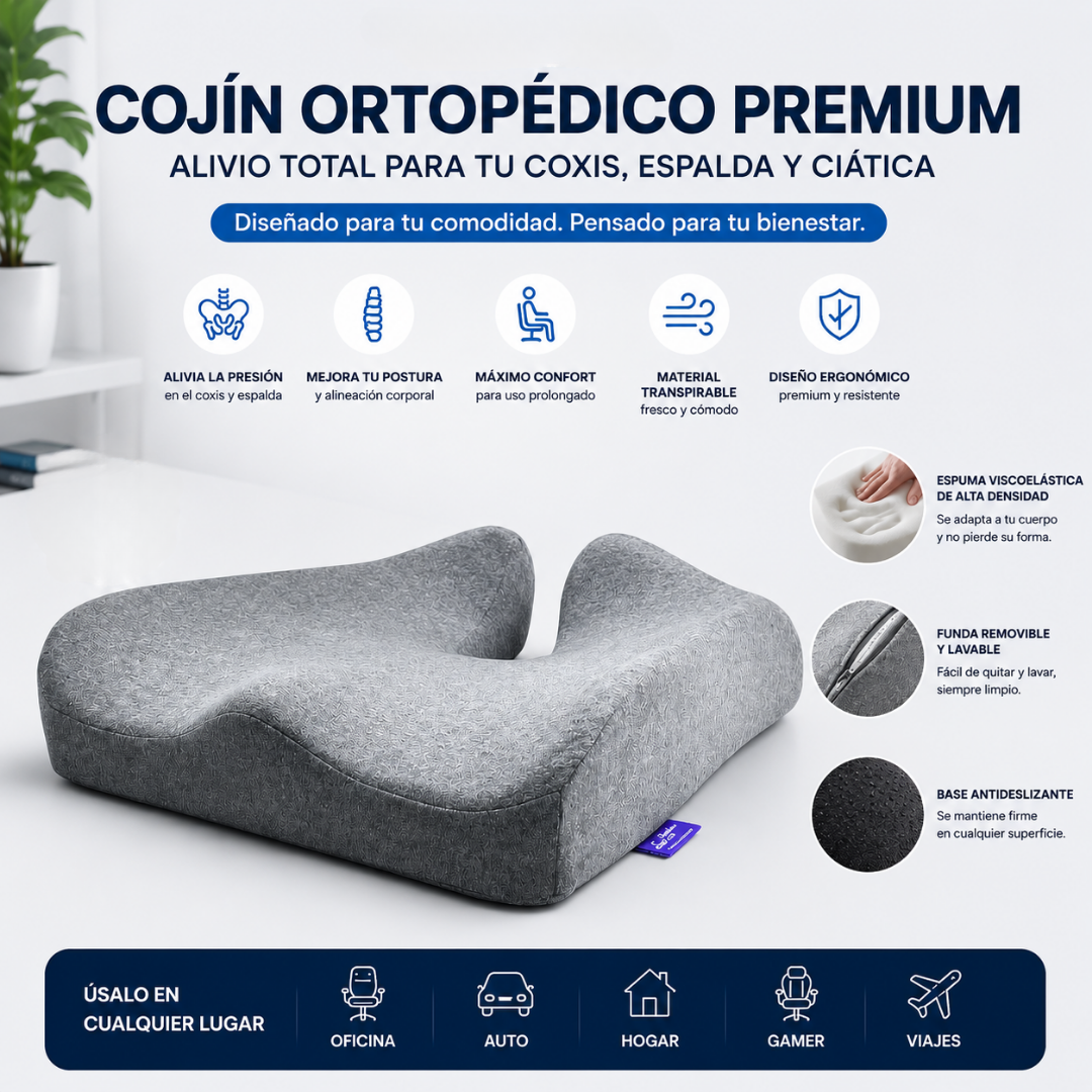 Cojín Ortopédico Premium ErgoVida para Alivio de la Presión en el Coxis, Ciática & Antihemorroides.