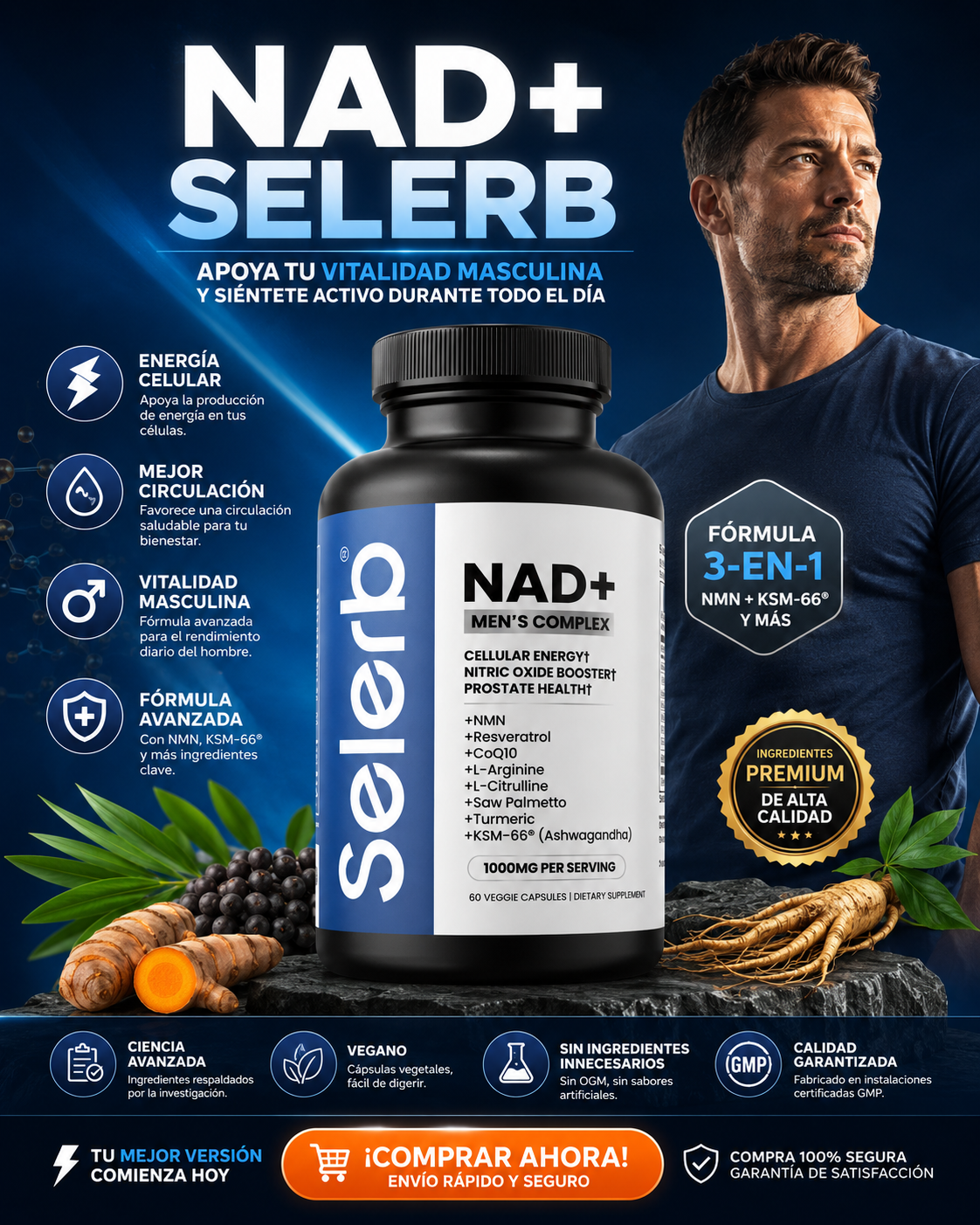 NAD+ Selerb | ¡Apoya tu vitalidad masculina y siéntete activo durante todo el día!
