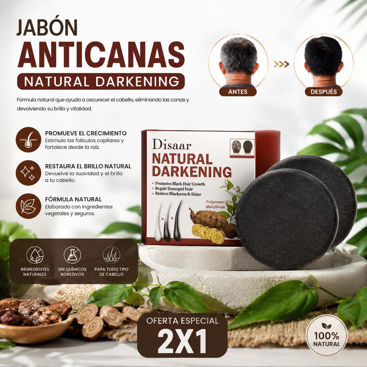 Jabón/Champú en barra que elimina las canas y da brillo sin tintes agresivos. 2X1
